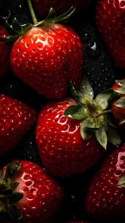 Strawberries on a black background with water drops. Top view.の素材