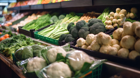 Cauliflower and other vegetables on the counter in the supermarket.の素材