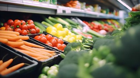 Variety of fresh vegetables on shelves in supermarket. Grocery storeの素材