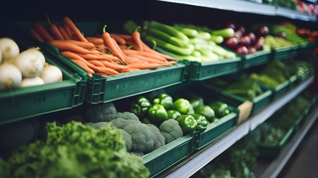 Vegetables on shelf in supermarket. Selective focus. Foodの素材