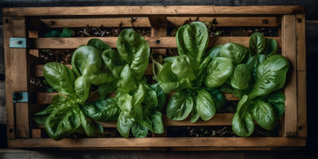 Fresh green basil in a wooden box on a wooden background, top viewの素材