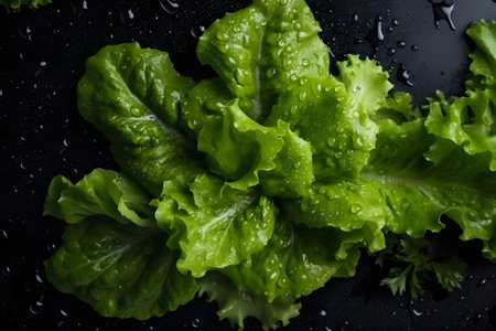 Fresh green lettuce leaves with water drops on black background, closeupの素材