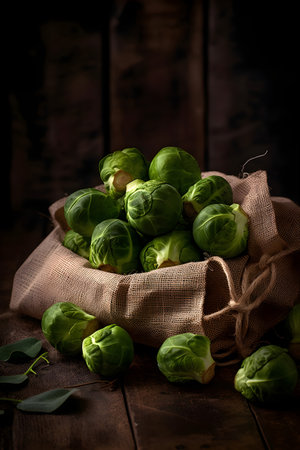 Brussels sprouts on rustic wooden background. Selective focusの素材