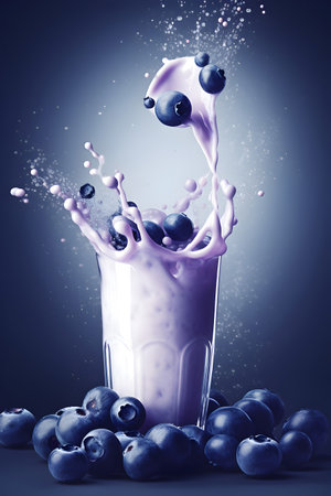 Milk splashing out of a glass with blueberries on a dark backgroundの素材