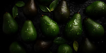 Ripe avocados with water drops on a dark background.の素材