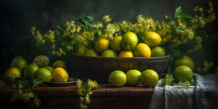 Still life with limes and limes in a bowl on a dark backgroundの素材
