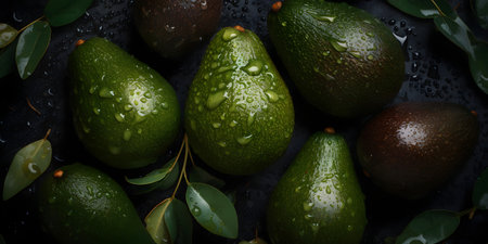 Fresh ripe avocados with leaves on black background, top viewの素材