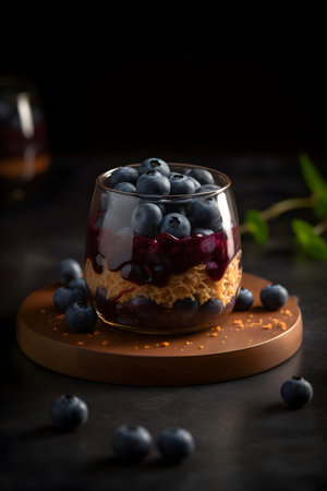 Chocolate cake with blueberries and cream in a glass on a dark backgroundの素材