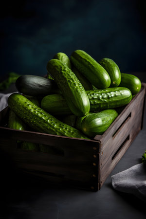 Fresh green cucumbers in a wooden box on a dark background.の素材
