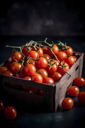Cherry tomatoes in a wooden box on a dark background. Toned.の素材