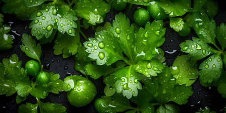 Fresh green parsley with water drops on black background, close upの素材
