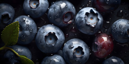 Fresh blueberries with water drops on a black background. Close up.の素材