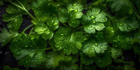 Fresh green parsley leaves with water droplets on black background.の素材