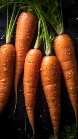 Bunch of fresh carrots with drops of water on a black backgroundの素材