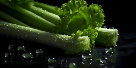 Fresh celery with water drops on a black background. Close up.の素材