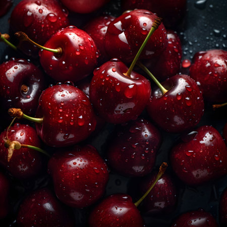 Ripe red cherries with water drops on a dark background.の素材