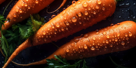 Fresh carrots with water drops on a black background. Close-up.の素材