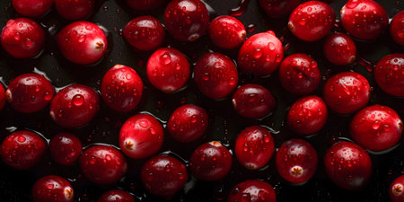 Cranberries with water drops on a black background. Top view.の素材