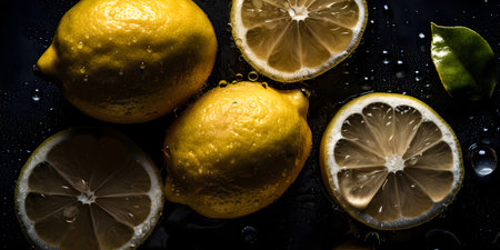 Lemons and lemons on a dark background with water dropsの素材