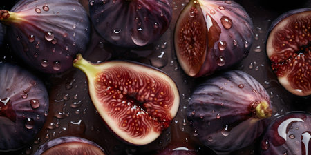 Fresh ripe figs with water drops on dark background, top viewの素材