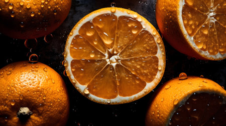 Slices of orange with drops of water on a black backgroundの素材