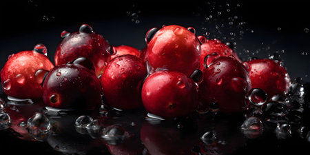 Cranberries in water splashes on a black background with reflectionの素材