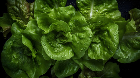 Close up of fresh green lettuce with water drops on black background.の素材