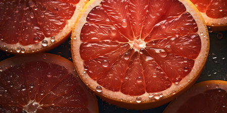 Slices of grapefruit with drops of water on dark backgroundの素材