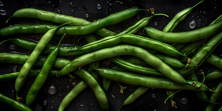 Green beans on a black background. Top view, flat lay.の素材