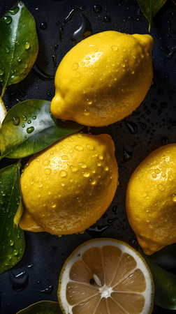 Lemons and lemons with water drops on a black backgroundの素材