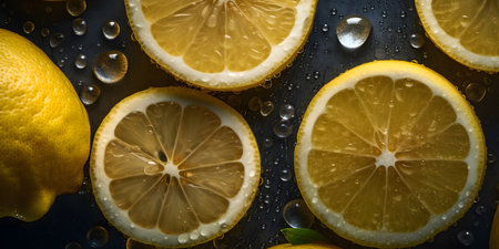 Lemon and lemon slices with water drops on a dark background.の素材