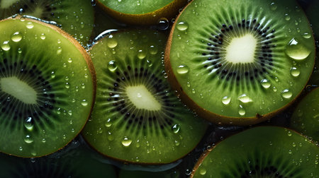 Kiwi fruit with water droplets on a dark background.の素材