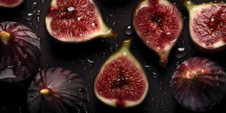 Fresh figs on a black background with water drops. Top view.の素材