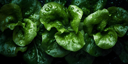 Fresh green salad with water drops on dark background. Close up.の素材