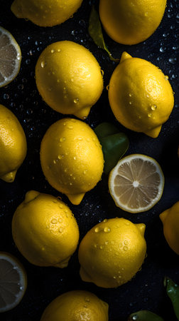 Lemons and lemons on a black background with water dropsの素材