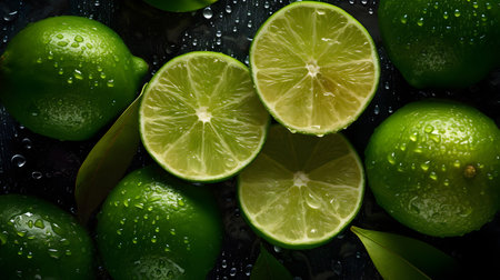 Fresh limes with water drops on a dark background. Top view.の素材