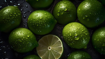Fresh limes with water drops on black background. Top view.の素材