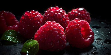 ripe raspberries on a black background, close-upの素材