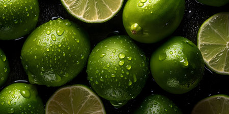 Fresh limes with water drops on dark background. Top view.の素材