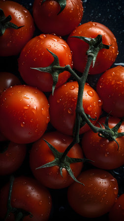 Ripe red cherry tomatoes with water drops on a black background.の素材