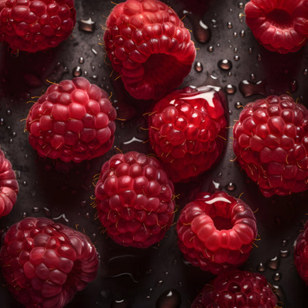 Fresh raspberries with drops of water on a dark background.の素材