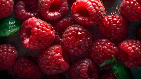 Fresh raspberries on a black background, close-up.の素材