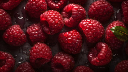 Close up of fresh raspberries on a chocolate cake. Macro.の素材