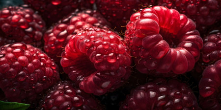 Fresh raspberries with water drops on a dark background. Selective focus.の素材