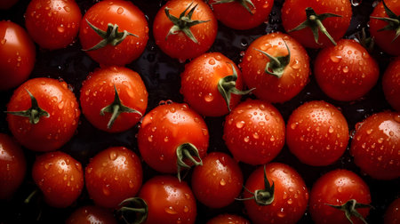 Red cherry tomatoes with drops of water. Selective focus. Toned.の素材