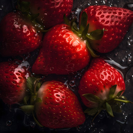Strawberries in water on a black background, close-upの素材