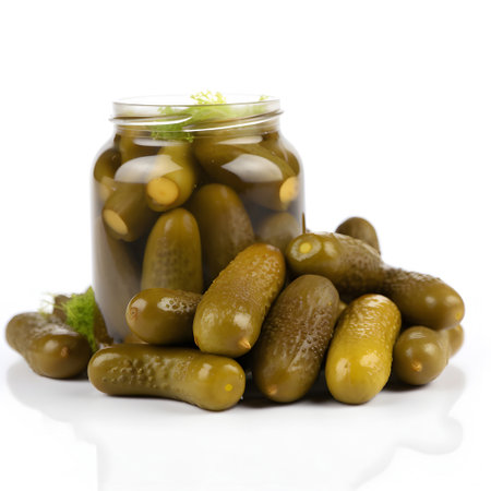 Pickled gherkins in a glass jar on a white backgroundの素材