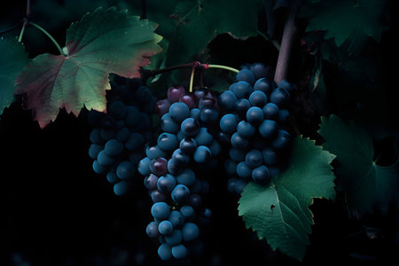 Bunches of red wine grapes with green leaves on dark backgroundの素材