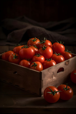 Ripe red tomatoes in a wooden box on a dark wooden backgroundの素材