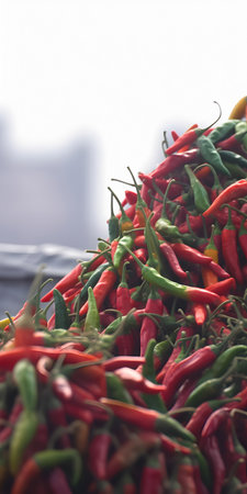Red and green hot chili peppers on a market stall in India.の素材